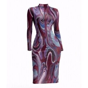 Y2K Bodycon Mesh Midi Dress Size Medium Marble Swirl Art Psychedelic Trippy Club